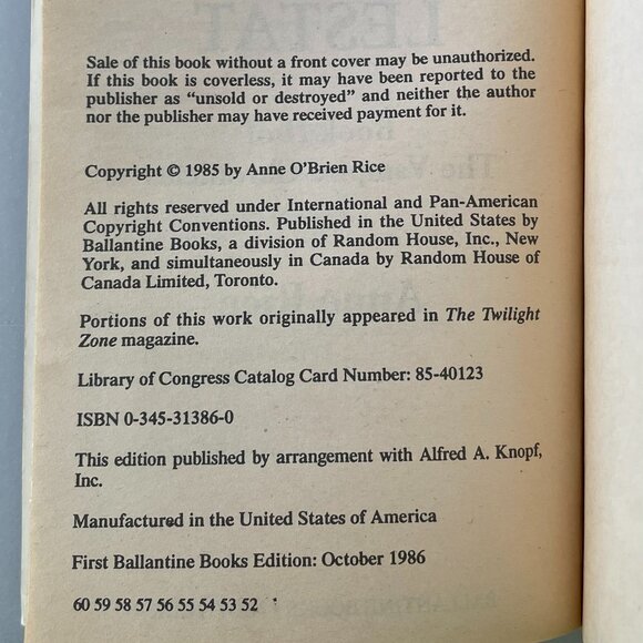 The Vampire Lestat by Anne Rice Paperback Book 1986 The Vampire Chronicles #2 - Picture 7 of 7